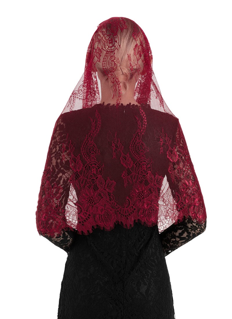 PAMOR Spanish Style Lace Traditional Vintage Inspired Infinity Shape Mantilla Veil Latin Mass Head Covering (Burgundy) - Image 3